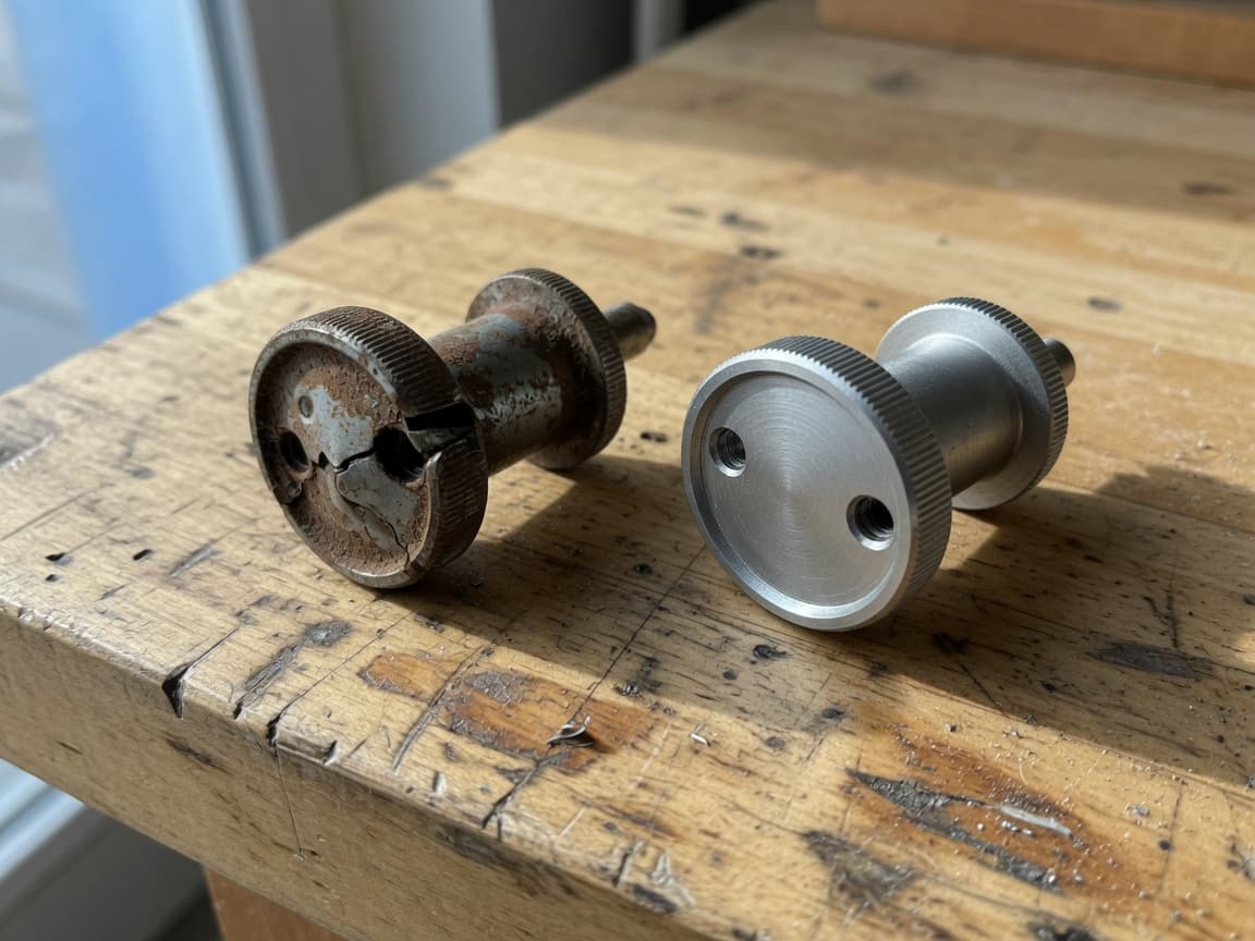 Broken metal knob beside a newly made replacement on a workbench.