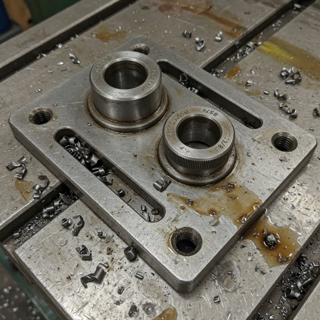 Steel bushed drill jig with two press-fit bushings on a mill table with chips and oil.