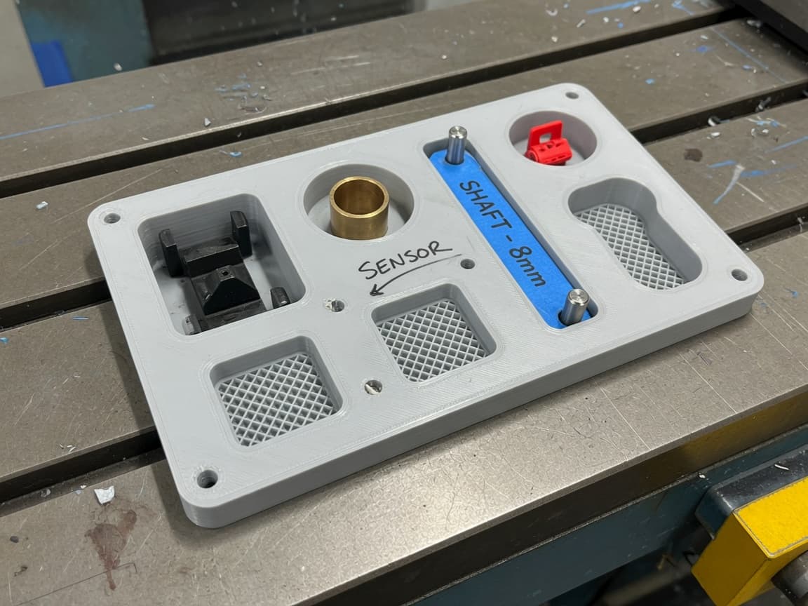 Gray printed pick-and-place nest with pockets for small parts on a mill table.